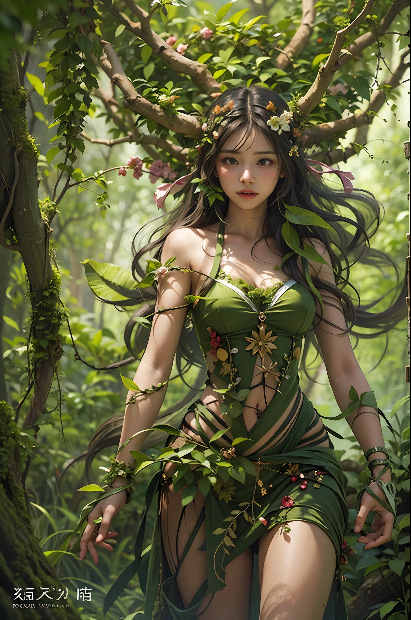 ​masterpiece, top-quality, 1 dryad、Slim body、small tits、exceptionally detailed anatomy, Leaf clothes、large leaves on the head,,,,,、lovely, emotive, Charming, Bewitching、Giant trees、Branch corridor、World Tree、Fantastical、Slim body、、beautiful countenance、Tree Spirit、In the deep forest、Nymphyth 、PsyAI、Dynamic angles