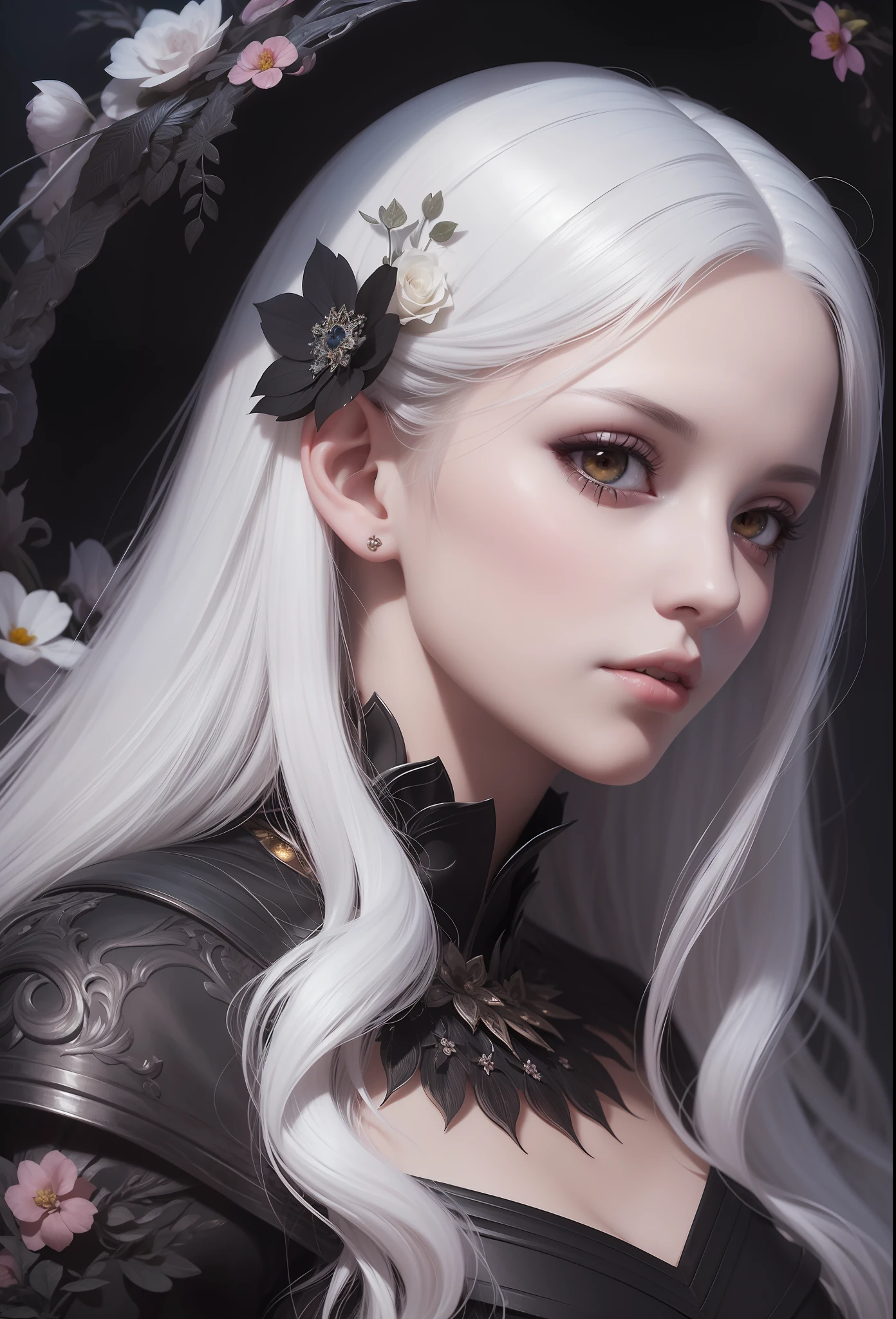 a woman with long white hair and a black dress with flowers in her hair, detailed matte fantasy portrait, fantasy art portrait, digital fantasy portrait, stunning digital illustration, beautiful fantasy art portrait, digital fantasy art ), dark fantasy style art, fantasy art style, beautiful fantasy portrait, fantasy portrait, fantasy concept art portrait, fantasy portrait art, dark fantasy portrait