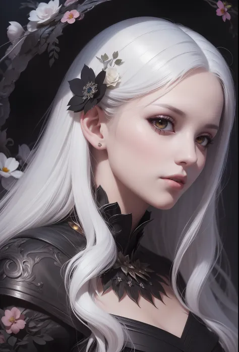 a woman with long white hair and a black dress with flowers in her hair, detailed matte fantasy portrait, fantasy art portrait, digital fantasy portrait, stunning digital illustration, beautiful fantasy art portrait, digital fantasy art ), dark fantasy sty...