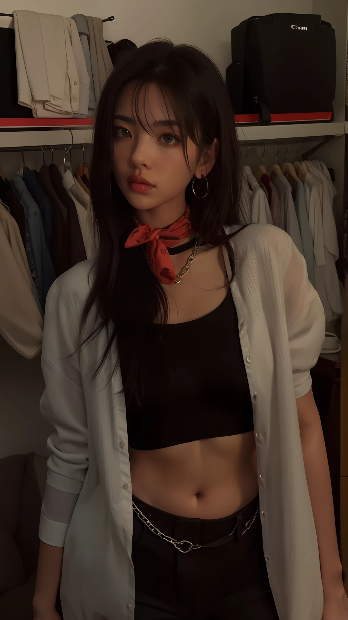 there is a woman standing in a room with a shirt on, taken with canon eos 5 d, taken with a canon eos 5d, taken with a canon eos 5 d, wearing a bandana and chain, taken with canon eos 5 d mark iv, taken with canon 8 0 d, sui ishida with black hair, taken with a pentax k1000