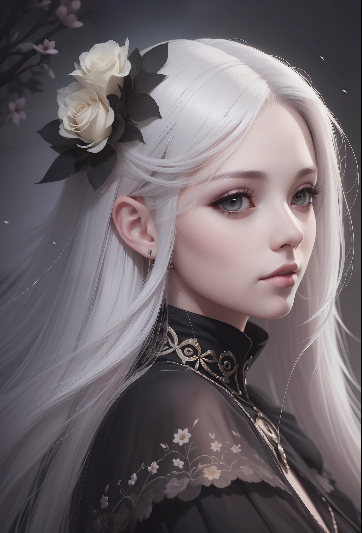 a woman with long white hair and a black dress with flowers in her hair, detailed matte fantasy portrait, fantasy art portrait, digital fantasy portrait, stunning digital illustration, beautiful fantasy art portrait, digital fantasy art ), dark fantasy style art, fantasy art style, beautiful fantasy portrait, fantasy portrait, fantasy concept art portrait, fantasy portrait art, dark fantasy portrait