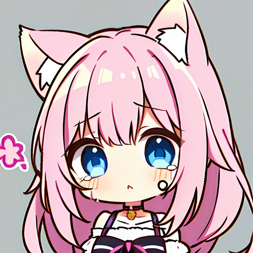 1girl in,Cat's ears,(Chibi:1.2),Crying face,Pink hair,full bodyesbian