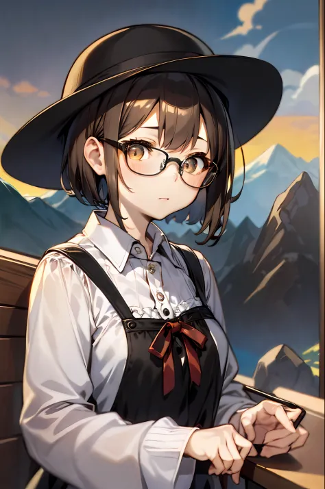 (1 16-year-old girl、A dark-haired、short-hair、straight haired、bow ribbon、Light brown eyes、Black glasses、small tits、cute  face)、in...