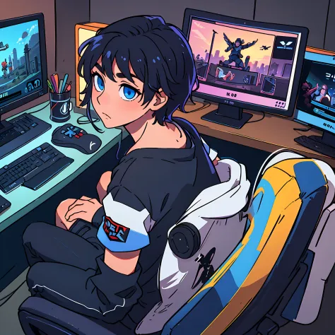 best quality: 1.0), (super high resolution: 1.0), anime boy, short black hair, blue eyes, sitting in front of computer playing g...