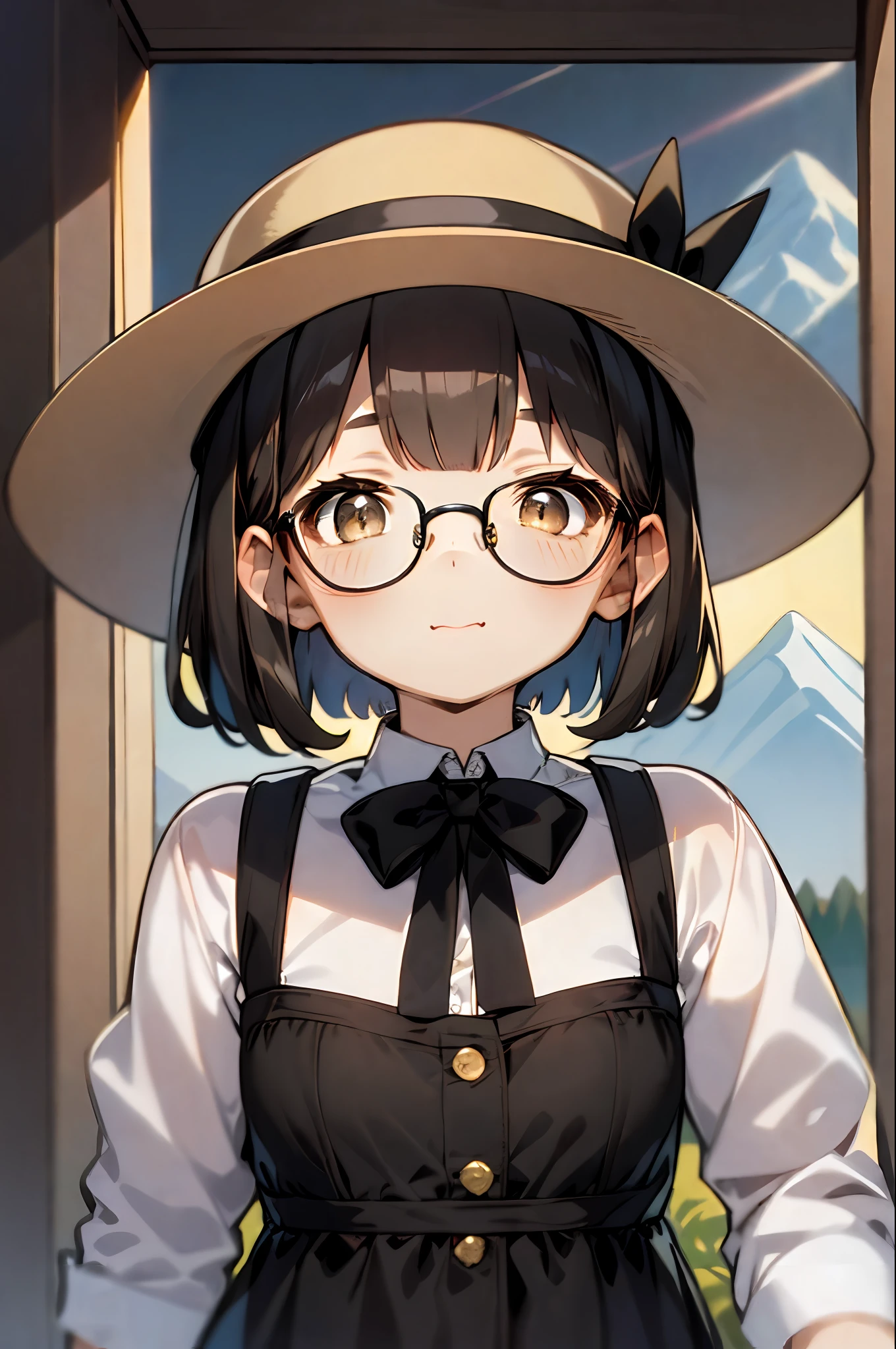 (1 16-year-old girl、A dark-haired、short-hair、straight haired、bow ribbon、Light brown eyes、Black glasses、small tits、cute  face)、in mountains、Homework、a straw fedora hat、​masterpiece、top-quality