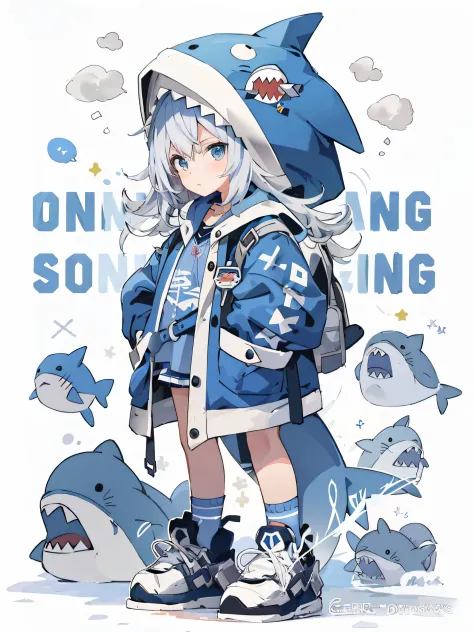 cartoon drawing of a girl in a blue jacket and shark hat, trending anime art, trending anime artwork, anime trending artwork, ka...