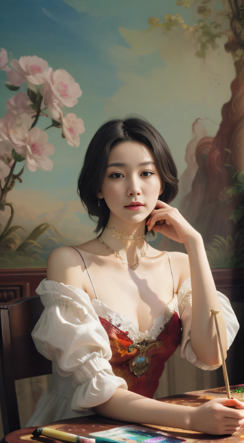 (Masterpiece, absurderes, Highly detailed:1.3), dream-state, Digital painting beauty, (Sitting, mature, Slim, Slender,) view the viewer, (Masterpiece), (Best quality:1.2), absurderes, Intricate details, skin indentation, cleavage, Huge breasts, (Highly detailed skin:1.2), (author：Alphonse Mucha Echo Chernik Megan Laura Cho Bingqiang), Sharp focus, Soft and colorful, Centered, symetry, picure, Intricate, voluminetric lighting, Beautiful, rich deep color, Ultra detailed, Digital painting, Mysterious magic, Focused, lush colors, Canon Eos 5d Mark IV and Fujifilm Superia X-TRA 400 film, (Extremely detailed oil painting:1.2), Glow effects, godrays, handpainted, Renders, 8K, rendering by octane, 4 d cinema, blender, Dark, Ultra-refined atmospheric 4K, cinematic sensual, Sharp focus, humorous illustration, great depth of field, Masterpiece, colours, 3d octane render, 4K, concept-art, trending on artstationh, Hyperrealistic, Vivid colors, Extremely detailed CG unified 8K wallpapers, trending on artstationh, trending on CGSociety, Intricate, High detail, Dramatic，1girll，Classroom photography，（whitet-shirt），stocklings，（short red dress）（（（leg loops））），Neck ring，（（Wearing a watch，choker necklace））（full bodyesbian：1.5