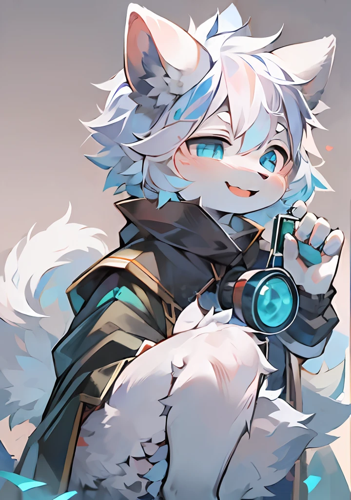 (8K, Best quality, Masterpiece:1.2),Masterpiece,High quality,abstract res,Digital painting\(artwork of a\), by Dagasi, Yupa,Kiyosan,(anthro,Fluffy fur,Character focus:1.1),anthro male cat,Short hair, eyes with brightness, in a panoramic view, Character focus.(detailedbackground:0.7), 独奏, shaggy, shaggy male, malefocus, anthr,(Short head，Full Body Furry, Fluffy tail, Pure white fur, White ears，White，Handheld white telephoto lens，Fair legs，blue color eyes, White color hair:1.2), (long canines、cloaks：1.2），Confident and happy expression,kawaii,Cute,Fancy,Fragile,Cool,Handsome. Look into the distance