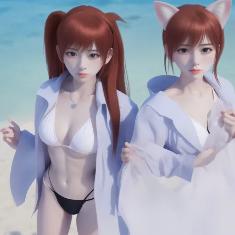 Clear scarf jacket standing on the beach, 3 d anime realistic, Anime girl cosplay, hyper realistic anime, Attractive cat girl, trending on cgstation, Realistic anime, , beautiful anime catgirl, , anime catgirl，The chest is transparent，in a bikini