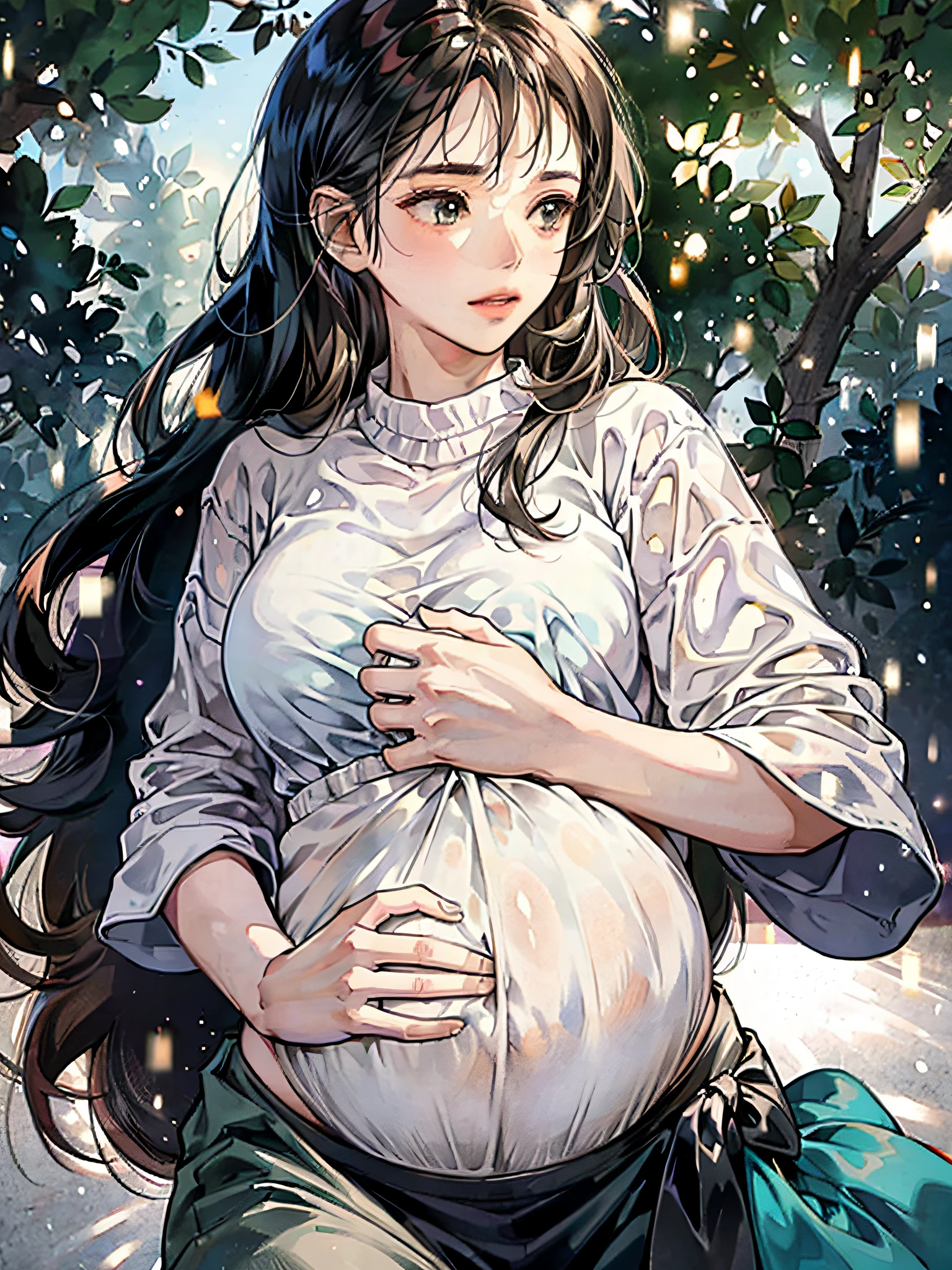 Anime girl with long hair and a white shirt holding her belly - SeaArt AI