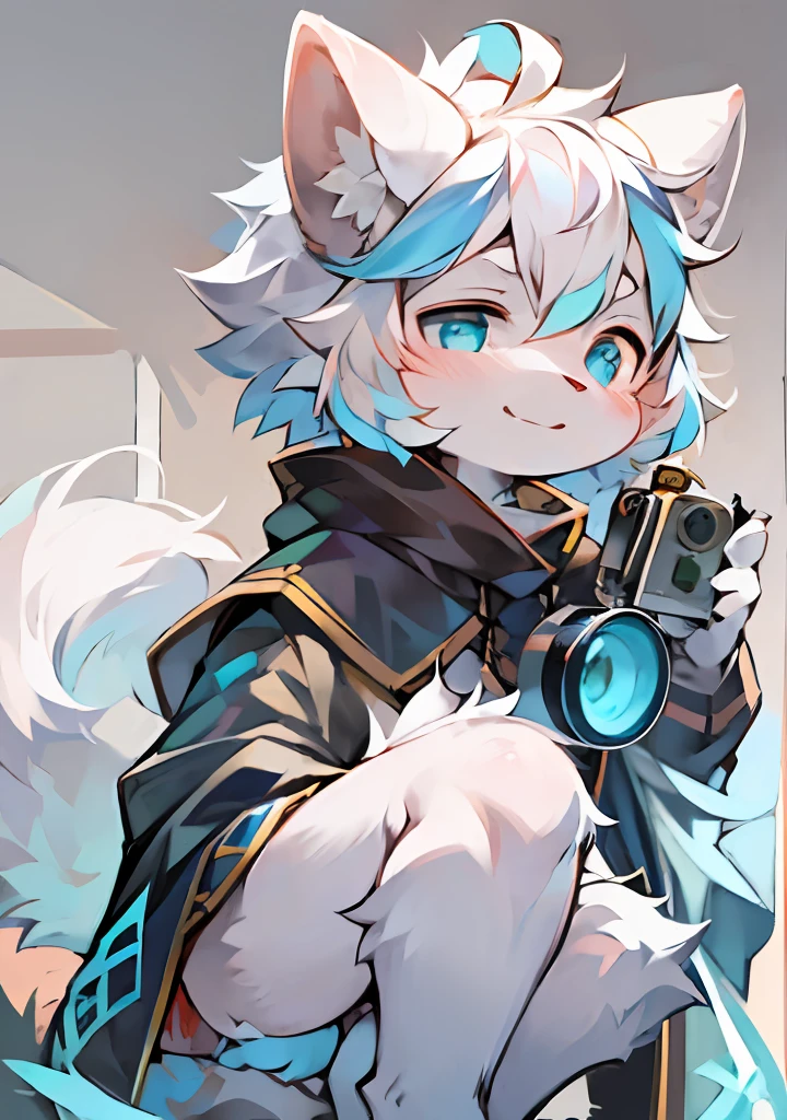 (8K, Best quality, Masterpiece:1.2),Masterpiece,High quality,abstract res,Digital painting\(artwork of a\), by Dagasi, Yupa,Kiyosan,(anthro,Fluffy fur,Character focus:1.1),anthro male cat,Short hair, eyes with brightness, in a panoramic view, Character focus.(detailedbackground:0.7), 独奏, shaggy, shaggy male, malefocus, anthr,(Short head，Full Body Furry, Fluffy tail, Pure white fur, White ears，White，Handheld white telephoto lens，Fair legs，blue color eyes, White color hair:1.2), (long canines、cloaks：1.2），Confident and happy expression,kawaii,Cute,Fancy,Fragile,Cool,Handsome. Look into the distance