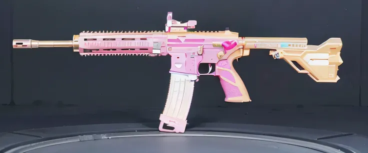 A pink toy gun with a pink handle on the black surface, m4 sopmod 