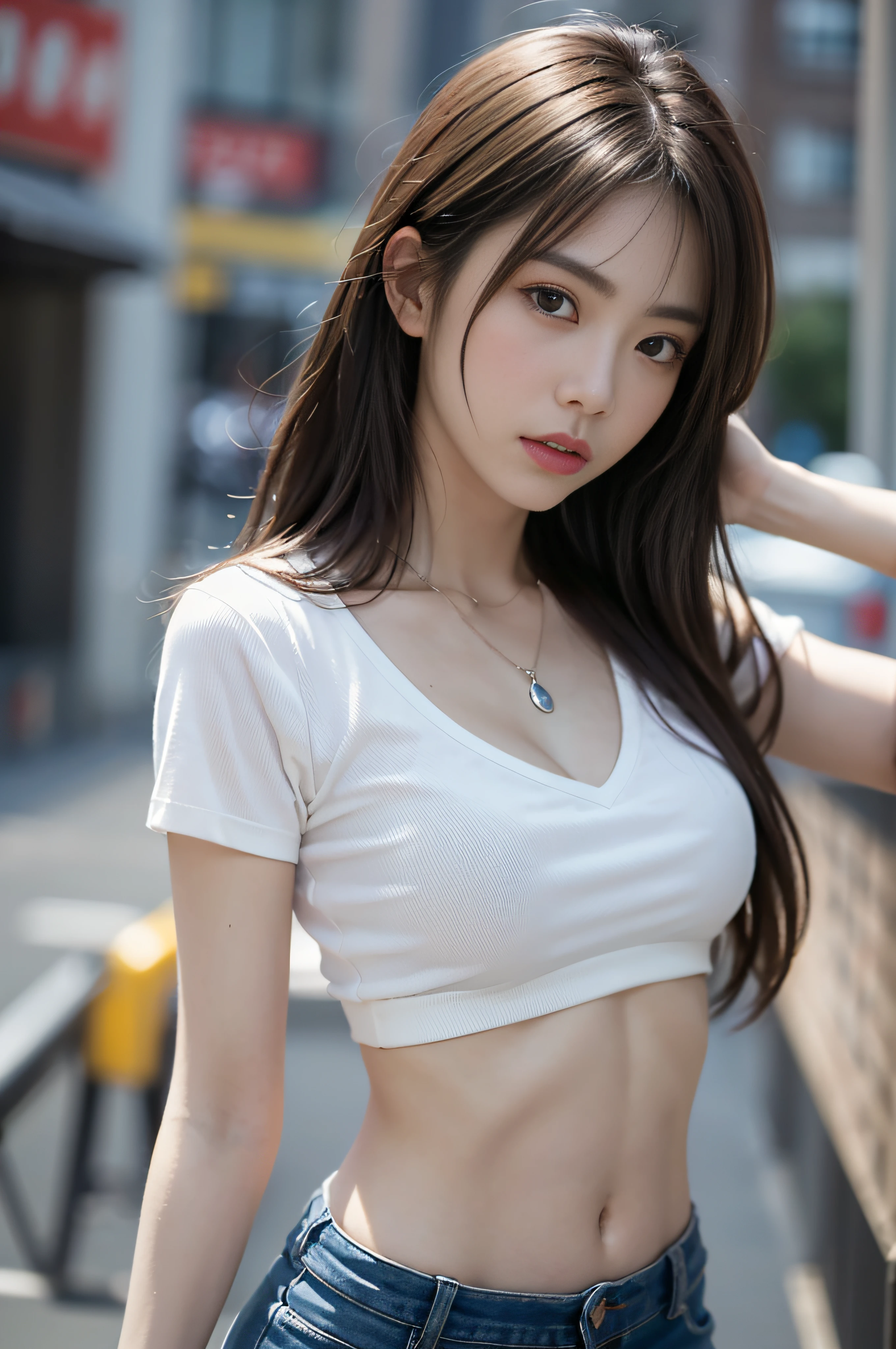 ((Realistic lighting、top-quality、8K、​masterpiece:1.3))、Clear focus:1.2、girl with、perfectbodybeauty:1.4、Slim abs:1.1、((dark brown hair、Big:1.3))、(Acceleration:1.4)、Street、tall、(Slender face、Narrow-eyes:1.2)、double eyelid、Swaying hair、Exposed cleavage、no-good、Mini T-shirt、Super Miniskirt、a necklace、Navel Ejection、Expression of melancholy、