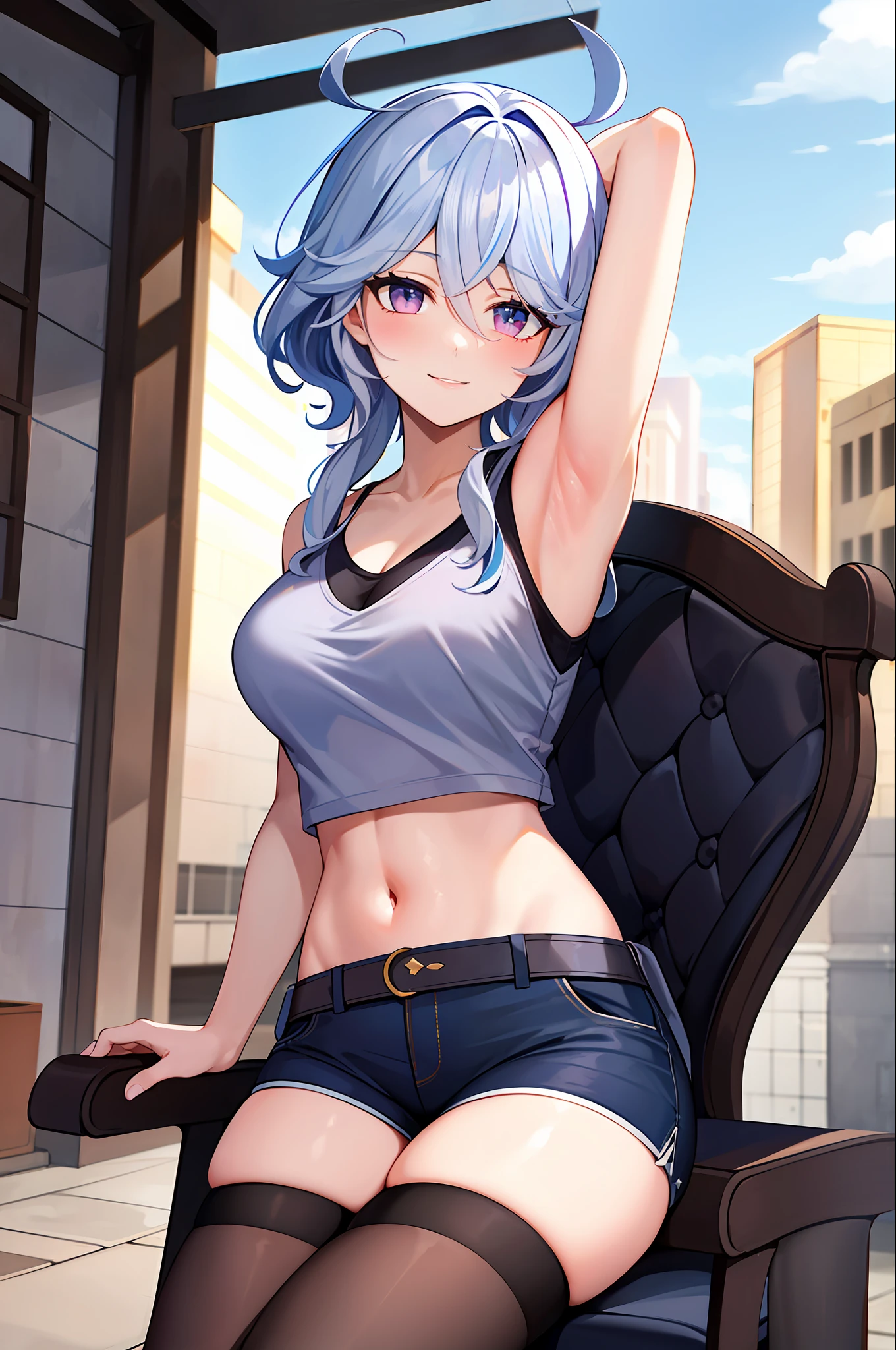 masterpiece, best quality, ultra-detailed), Focalors \(genshin impact\), (purple hair), swept bangs, braid, braided bangs, purple eyes, pink eyes,
(wearing a t-shirt:1.2), sitting on a chair outside of caf, embracing the natural beauty, sunlight, beautiful cloudy sky, city, street, denim shorts, black stocking,
medium breasts, thick thighs, critical angle, cowboy shot, arm behind head, arm behind back, armpits, light smile, crop top, strong and seductive expressions