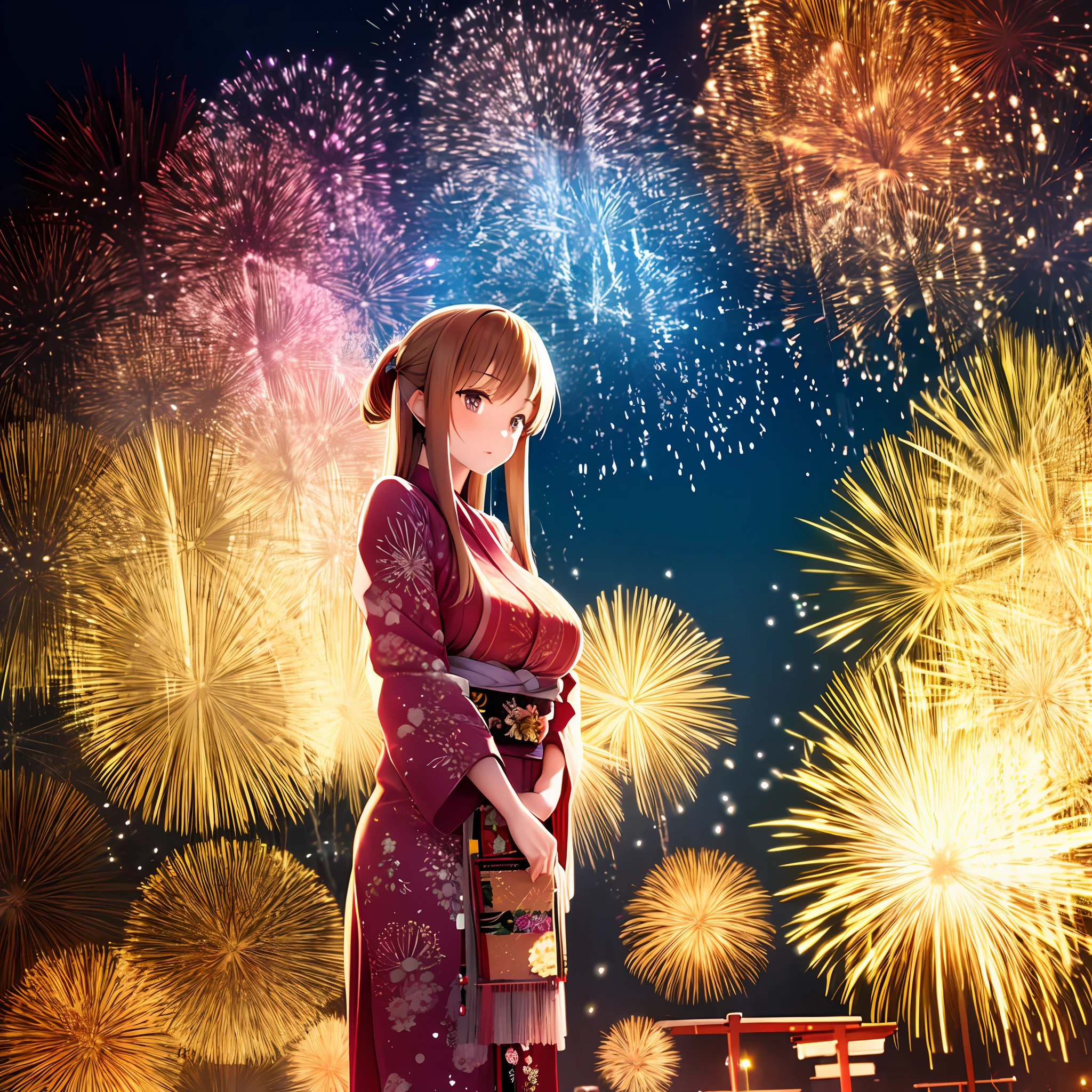 Belle femme en yukata、Gros seins、Feux d&#39;artifice en arrière-plan --auto