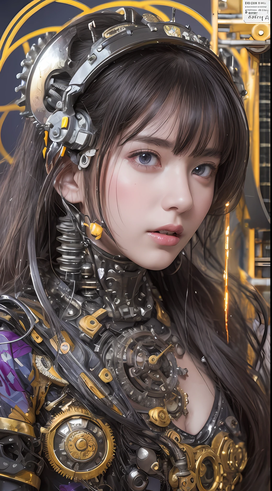 Top Quality, Masterpiece, Ultra High Resolution, (Photorealistic: 1.4), Raw Photo, 1 Girl, Black Hair, Glossy Skin, 1 Mechanical Girl, (Ultra Realistic Details)), Portrait, Global Illumination, Shadows, Octane Rendering, 8K, Ultra Sharp, Big, Cleavage Exposed Raw Skin, Metal, Detail of Intricate Ornaments, steampunk details, vacuum tubes, nixie tubes, oil pressure gauges, glass tubes, analog meters, gears, gears, golden hydraulic cylinders, very intricate details, realistic light, CGSoation trends, purple eyes, glowing eyes, facing the camera, neon details, mechanical limbs, blood vessels connected to tubes, mechanical vertebrae attached to the back, mechanical cervical attachment to the neck, sitting, wires and cables connecting to the head, Gundam, small LED lamps,