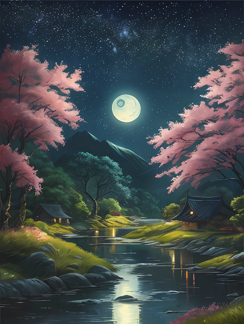 Un cuadro de un río con estrellas y luna en el cielo., arte conceptual inspirado en Tosa Mitsuoki, Ganador del concurso pixiv, mejor calidad, Arte De Fantasía, hermosa escena de anime, una luna brillante, ambiente estrellado iluminado por la luna, pintura de ensueño, fondo animado Art, Arte paisajístico de fantasía, noche de fantasia, fondo animado, ilustraciones de fondo, arte fantástico, anime atmosférico, cielo estrellado, detalle mejorado.