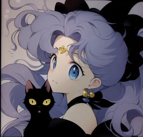 Anime pictures of a woman，She has a cat on her lap, inspired by Naoko Takeuchi, author：Rumiko Takahashi, author：the sailor moon,...