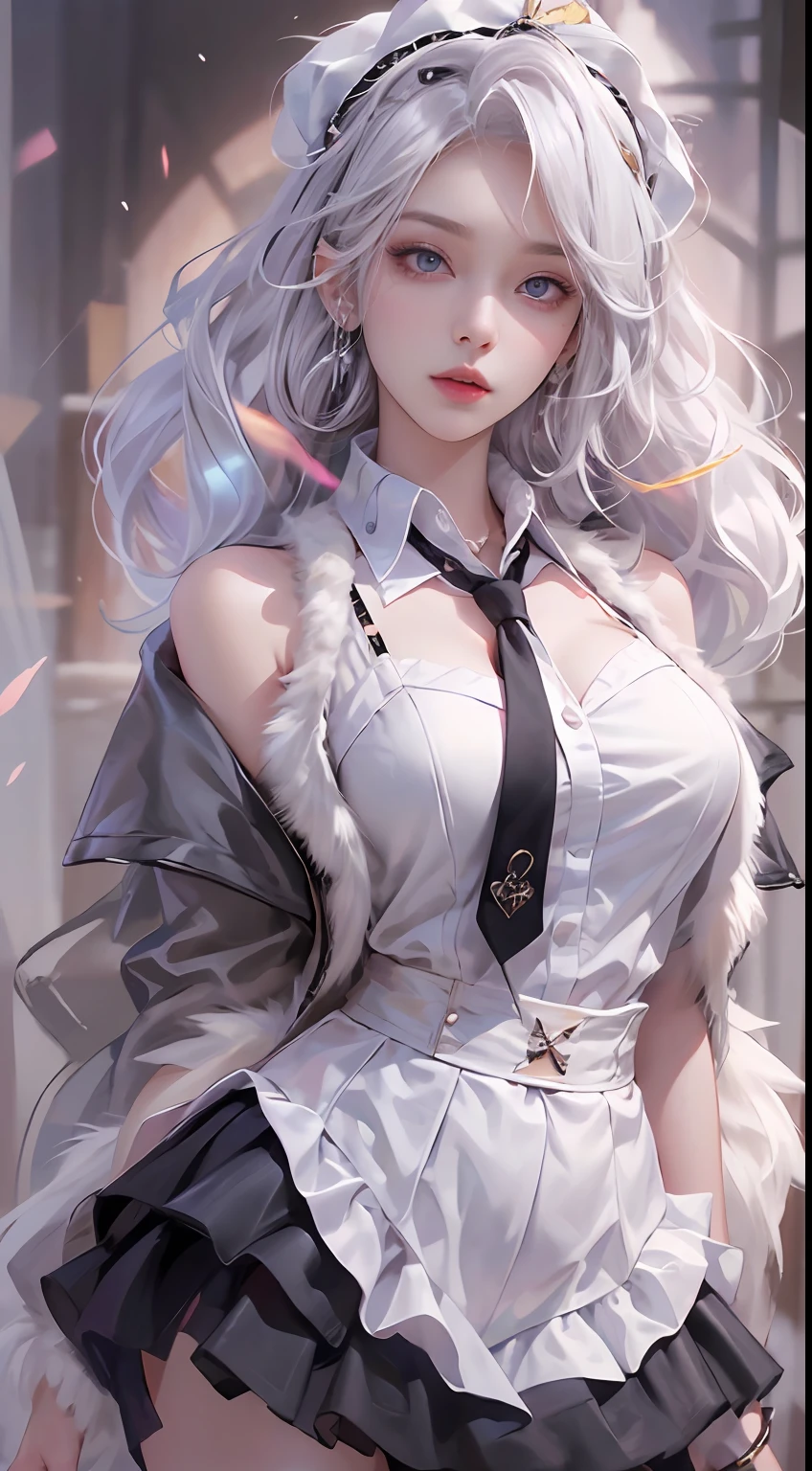 Photorealistic, high resolution, 1 Women, Solo, Hips up,(Lolita costume)， Beautiful eyes, White hair, ringed eyes, Collared shirt,black necktie,Black skirt, pencil skirts, Fur coat