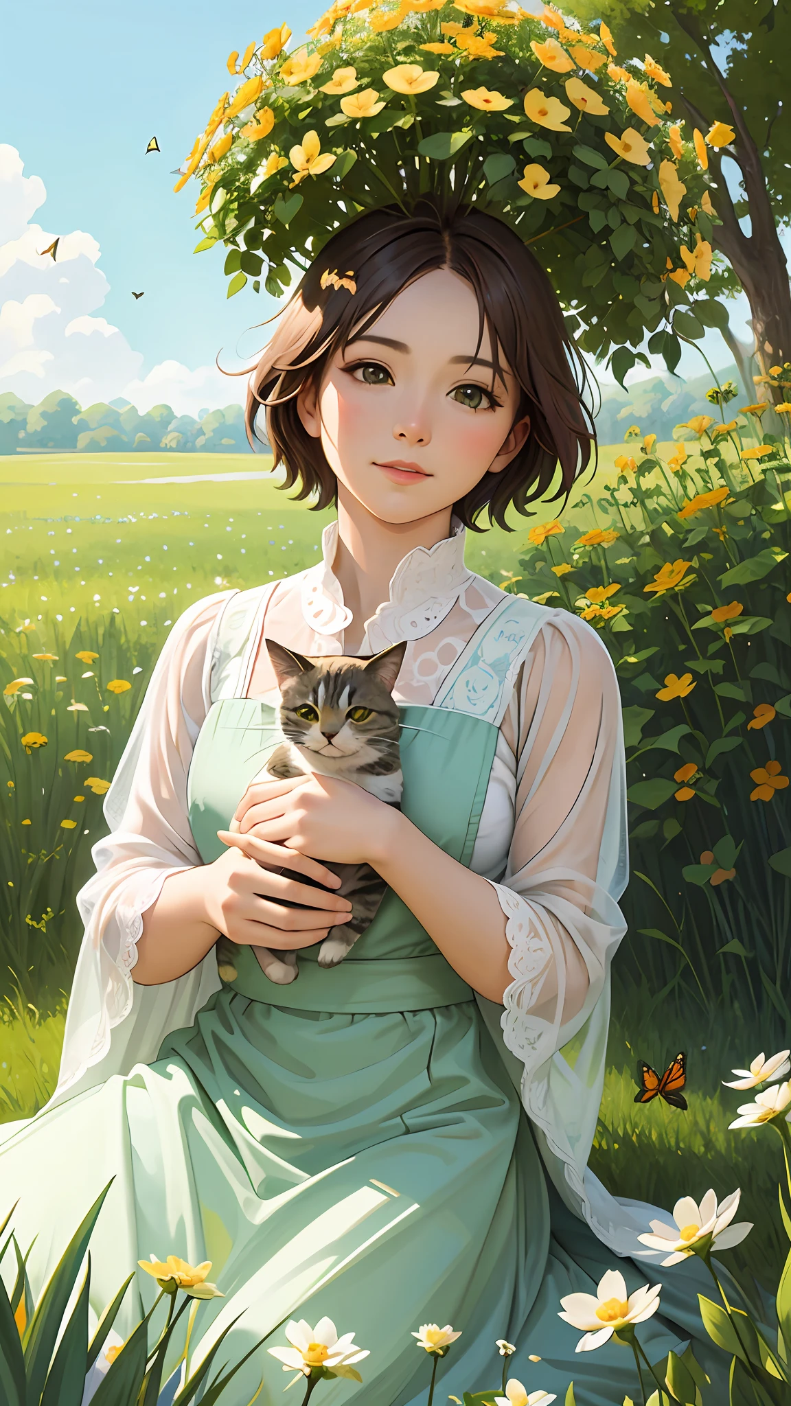 a cute adorable ((cat)) sitting in a field of clover watching a monarch (butterfly), kitten, springtime, by alphonse mucha and artgerm, unreal engine,(Highly Detailed, HD), high octane, 8k, high res, dramatic lighting, sharp focus, depth of field, masterpiece, best quality, 3D, realistic, high quality textures