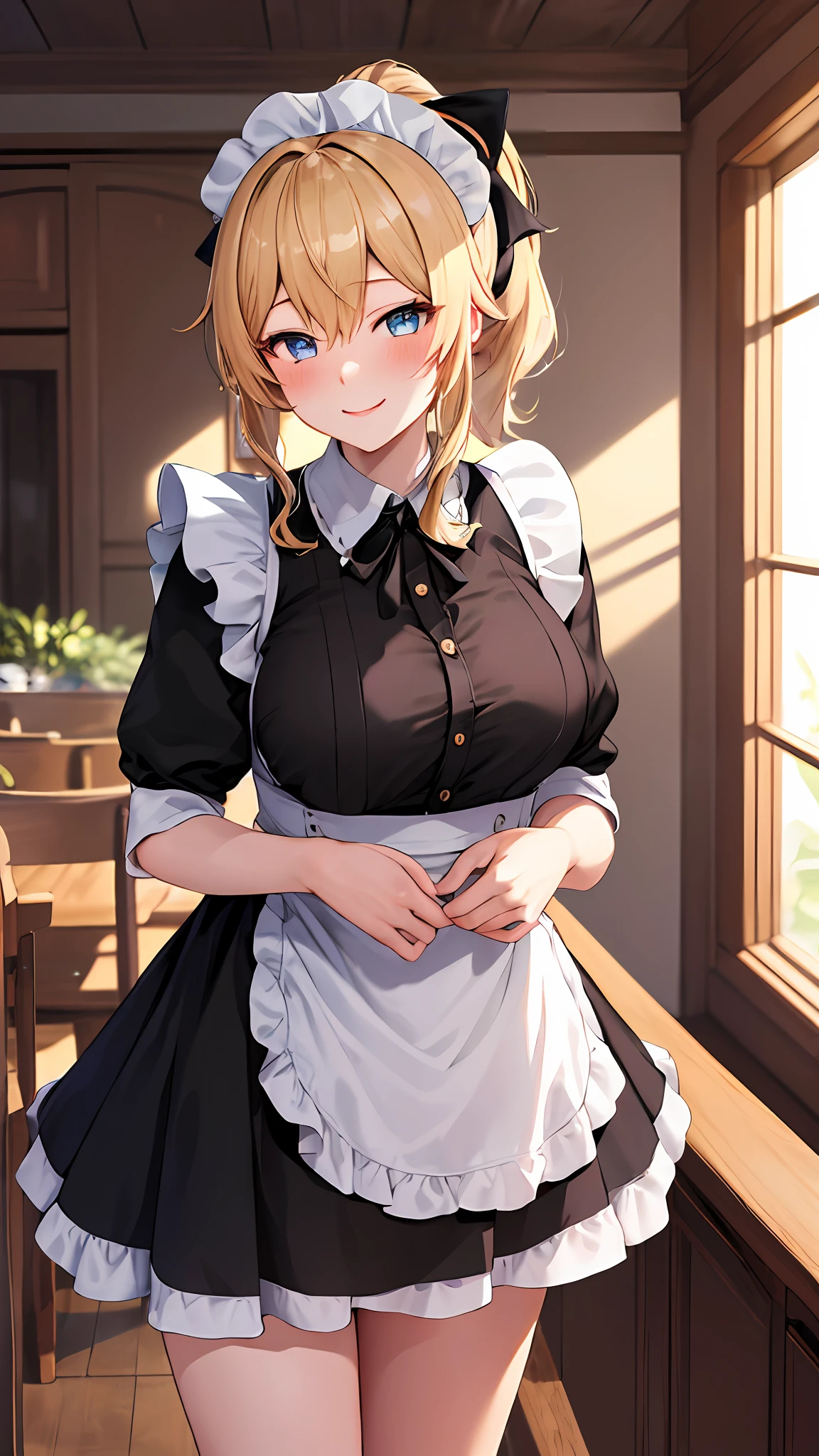 masterpiece, best quality, highres, Jean, genshin impact, blonde hair, blue eyes, pony tail, maid dress, meidofuku, maid uniform, maid, maid hairband, black skirt, stocking, cafe indoors, hands behind, standing, table, smile,  sexy pose, cleveage, breast out, blush, (hands behind back),