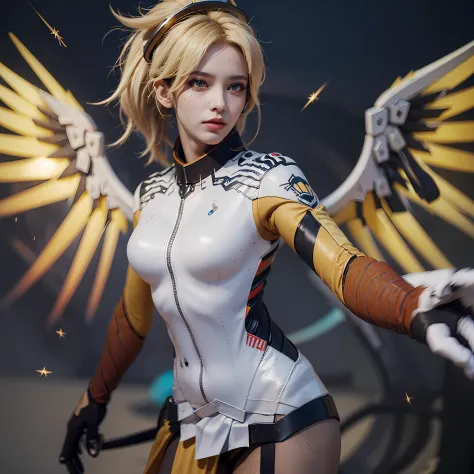 1girl, solo, mercy (overwatch), mechanical halo, breasts, blue eyes, blonde hair, pantyhose, mechanical wings, wings, halo,  hol...