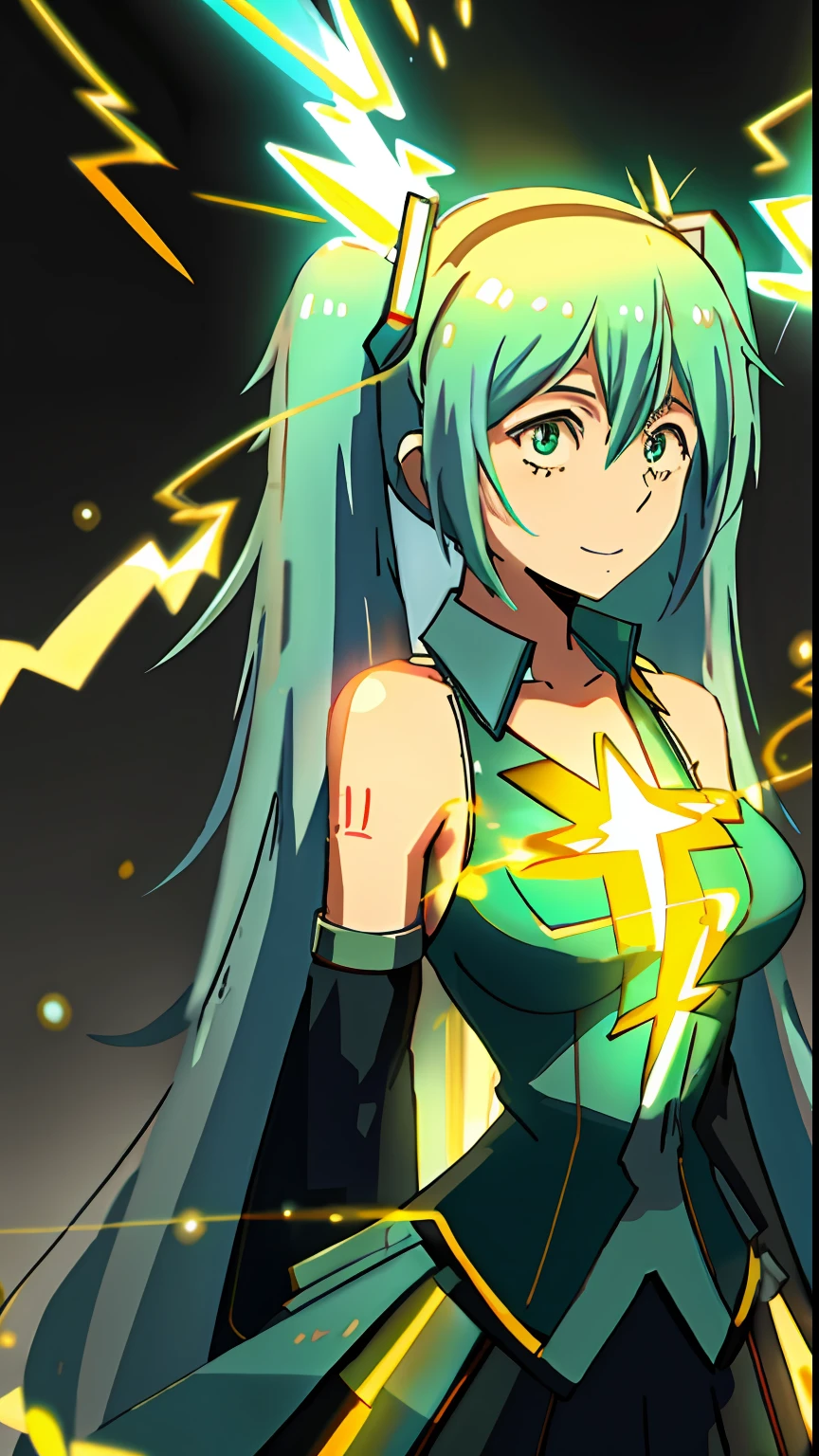 Hatsune Miku, pechos grandes y llenos, una leve sonrisa, LightningMagicAI, de primera calidad,