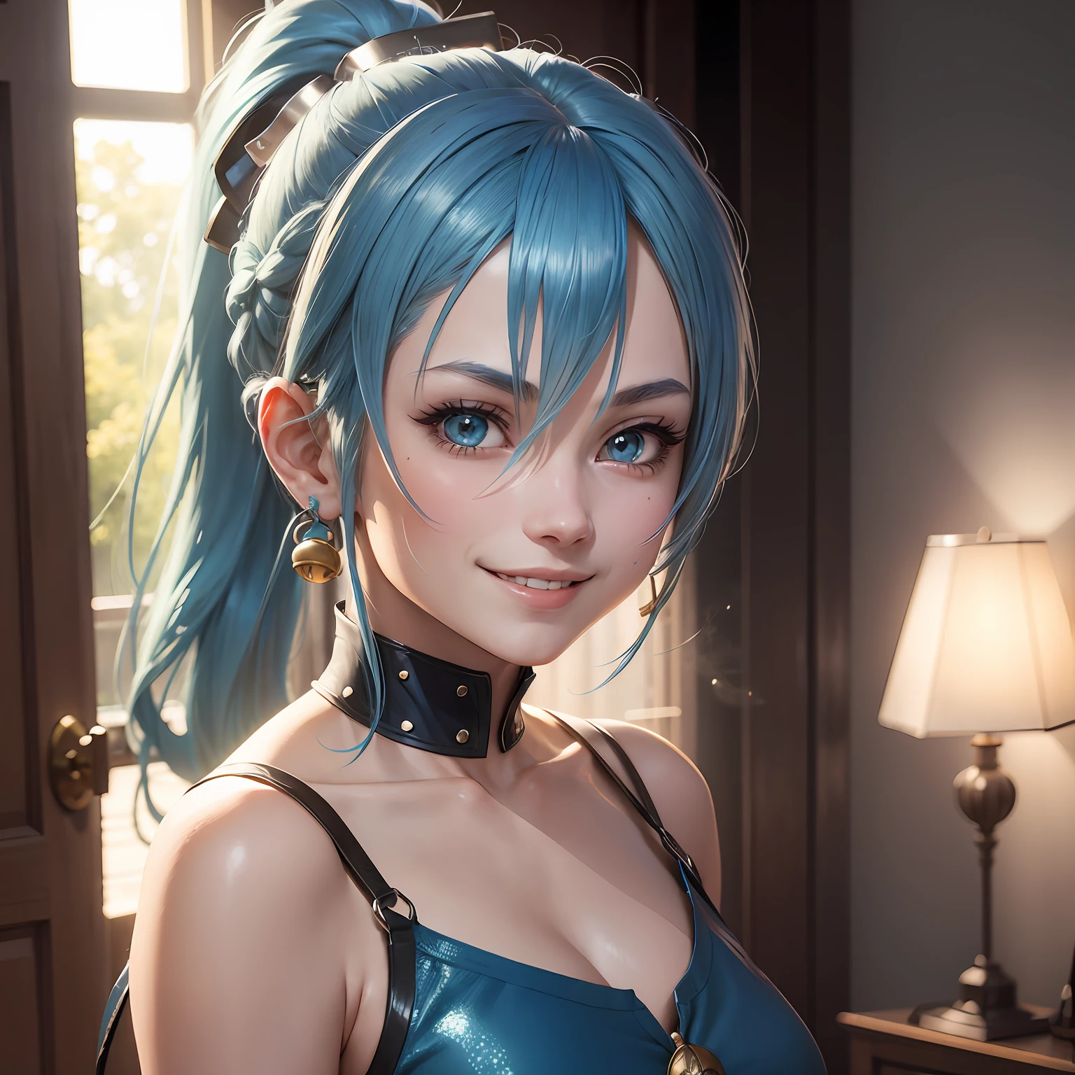 blue hair, ponytail, hair bell, light smile, anime - SeaArt AI