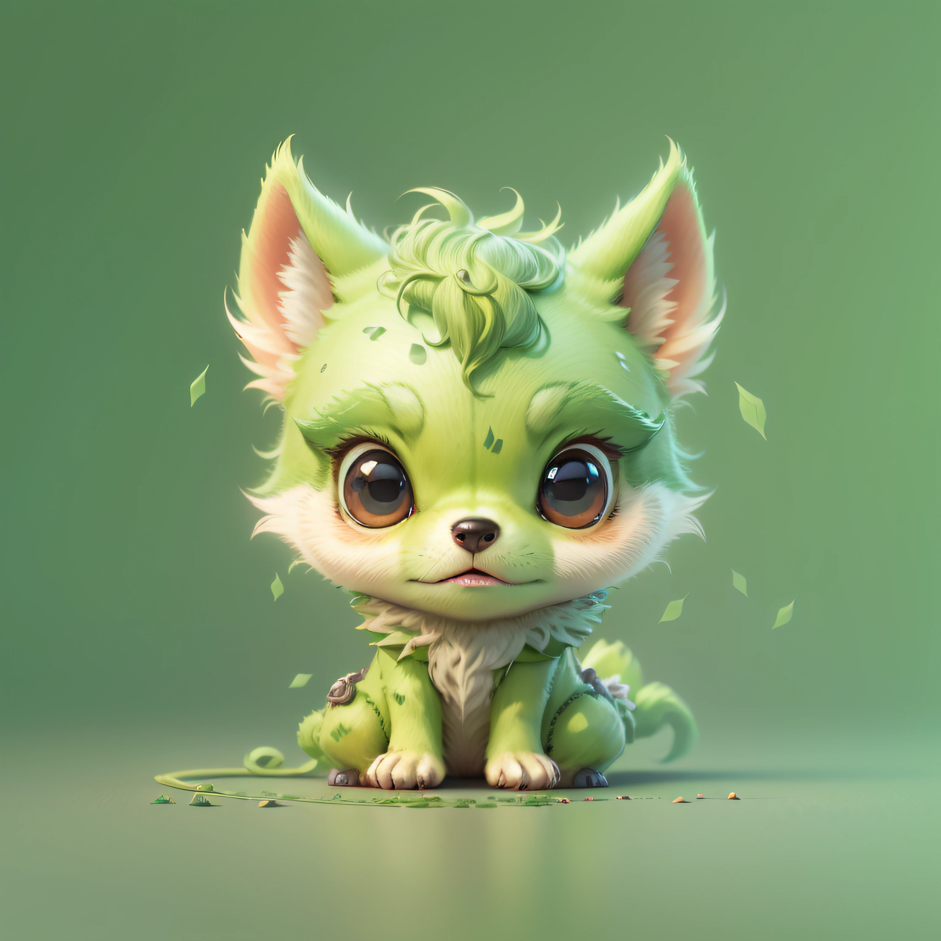cute tiny hyper realistic anime lime green wolf chibi, adorable and cute, logo design, cartoon, cinematic lighting effect, lovely, 3d vector art, cute and quirky, fantasy art, bokeh, hand drawn, digital painting, soft lighting, style isometric, 4K resolution, photorealistic rendering, highly detailed clean, vector image, photorealistic masterpiece, professional photography, simple space backdrop, flat lime green background, vibrant isometric vectori