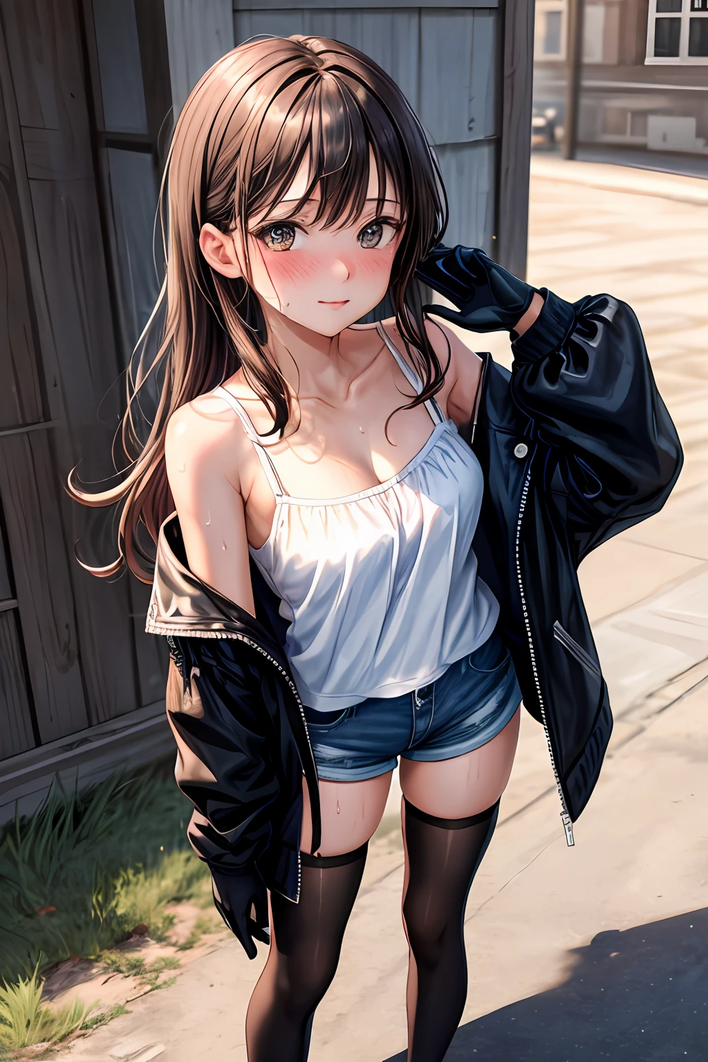 (masterpiece,best quality, detailed), sun in the background, looking at viewer, 1girl, solo, full body, standing, cowboy shot, blush, nose blush, black jacket, bare shoulders, black gloves, white 
camisole, black thigh highs, looking at viewer, shorts, Medium breasts, sweat