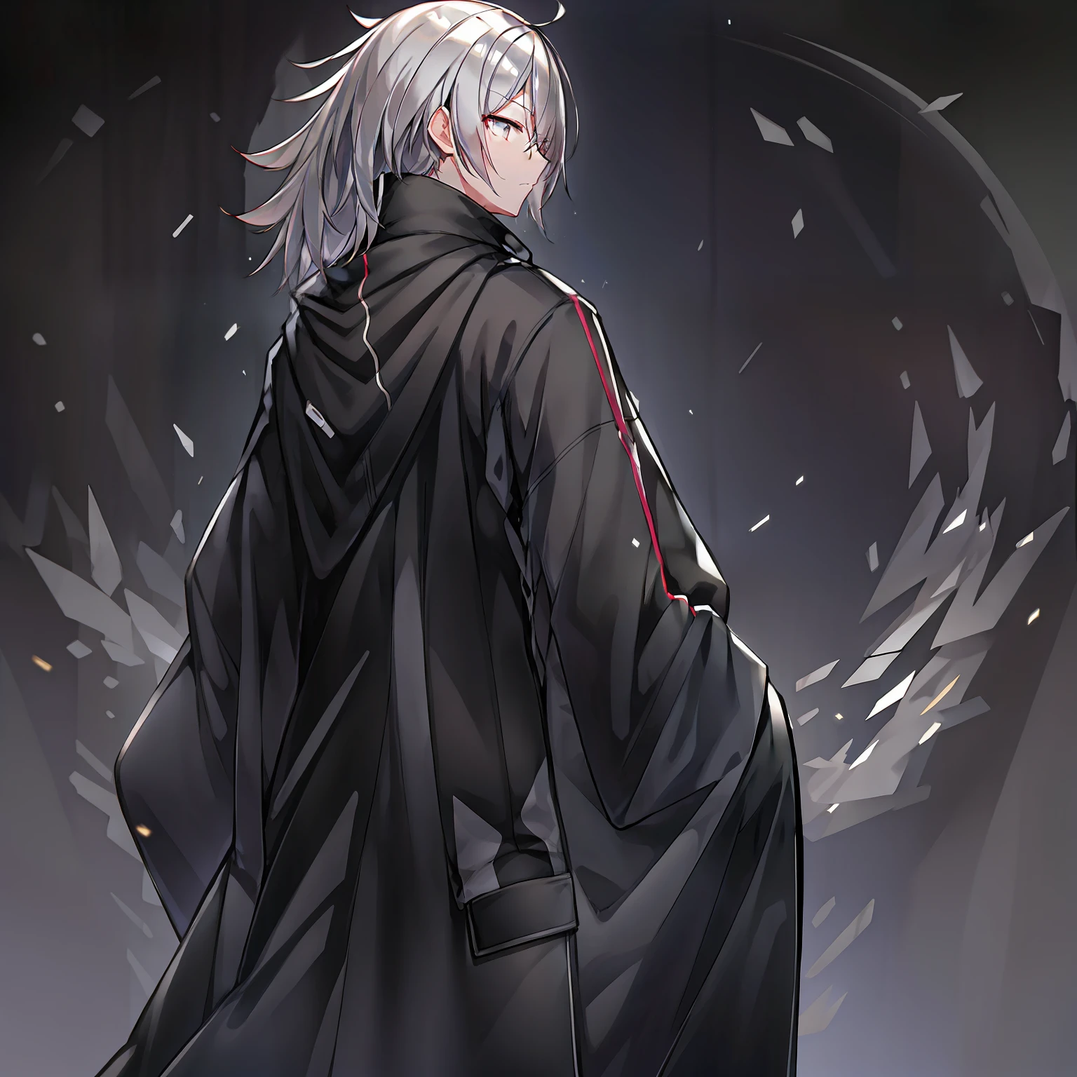 Wearing a magical black robe，Silver-gray hair。