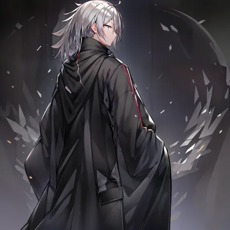 wearing a magical black robe，silver-gray hair。