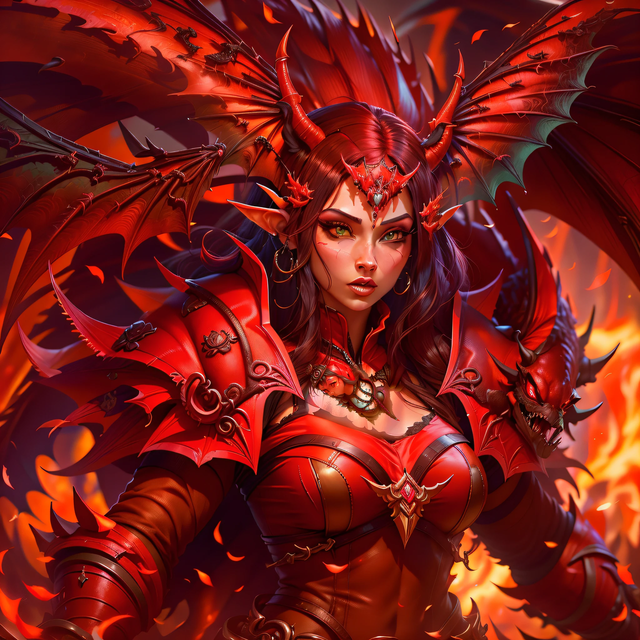 papel de parede 8K, fundo ultra detallado, Fondo ultra vívido, Dragoned, Mundo de Warcraft, Vuelo del Dragón, alexstrasza, ultra detallado, 8K, vívido, Ambiente cálido, rojo intenso, armadura de dragón, chica sexy