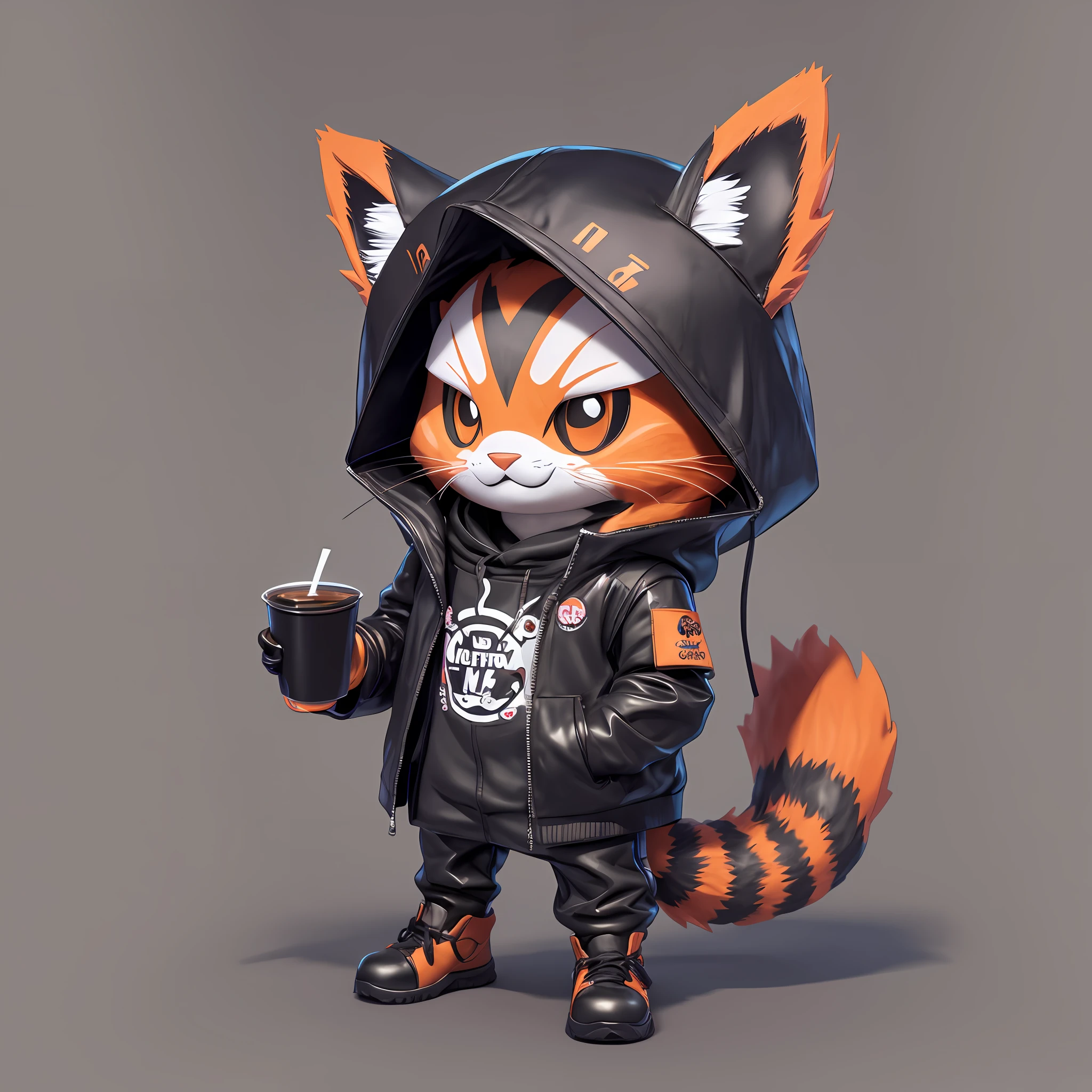 Anthropomorphe Figur Orange Cat, Milchtee in der Hand halten，Betrachter ansehen，schwarze schwarze Jacke, Mund Maske, böser Bub, süß, Wie, Kawaii, 3D-Zeichnung, Leichtes Lächeln, hyper HD, Meisterwerk, genau, hohe Details, gute Qualität, Preisgekrönt, beste Qualität, Eine hohe Auflösung, 16k,Rendering von Octane