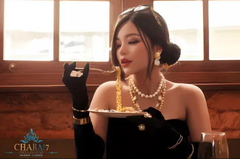 araffe woman in a black dress eating a plate of food, high - end fashion photoshoot, wearing elegant jewellery, wearing jeweller...