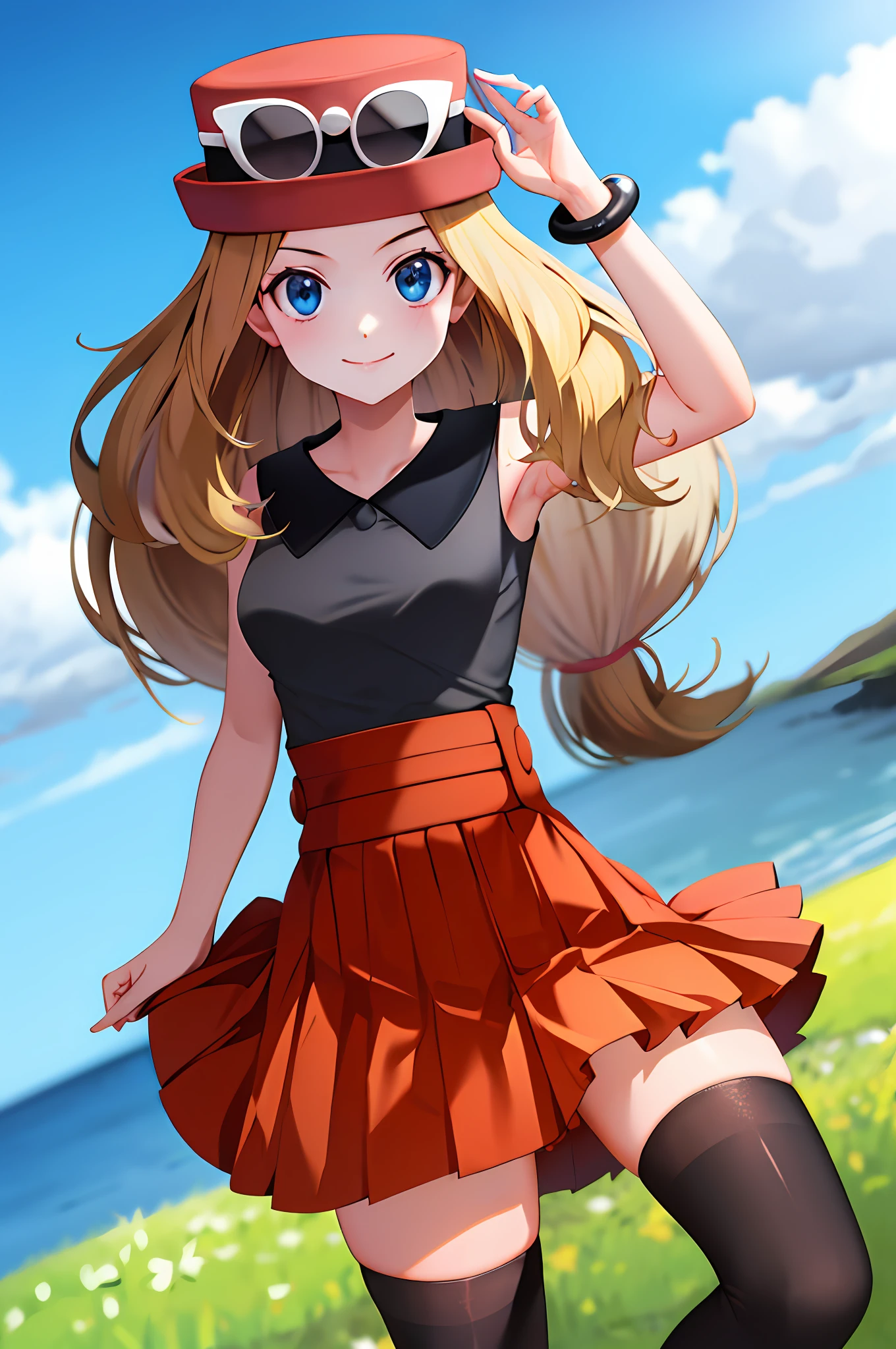 masterpiece, best quality, highres, blue eyes, serena \(pokemon\), 1girl, solo, thighhighs, long hair, hat, jewelry, bracelet, black thighhighs, collared shirt, pleated skirt, red skirt, sleeveless, high-waist skirt, sleeveless shirt, eyelashes, pink headwear, black shirt, eyewear on headwear, upper body, field, smile, closed mouth, sexy,