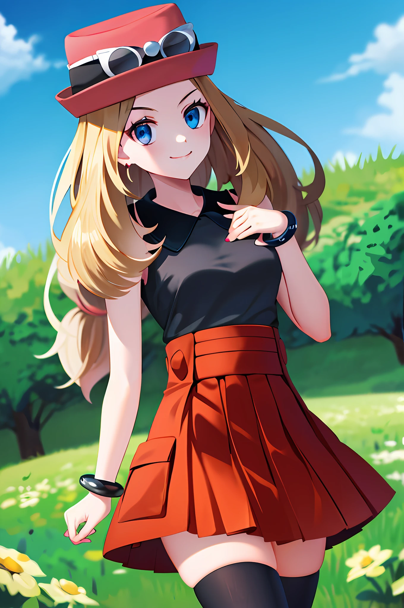 masterpiece, best quality, highres, blue eyes, serena \(pokemon\), 1girl, solo, thighhighs, long hair, hat, jewelry, bracelet, black thighhighs, collared shirt, pleated skirt, red skirt, sleeveless, high-waist skirt, sleeveless shirt, eyelashes, pink headwear, black shirt, eyewear on headwear, upper body, field, smile, closed mouth, sexy,