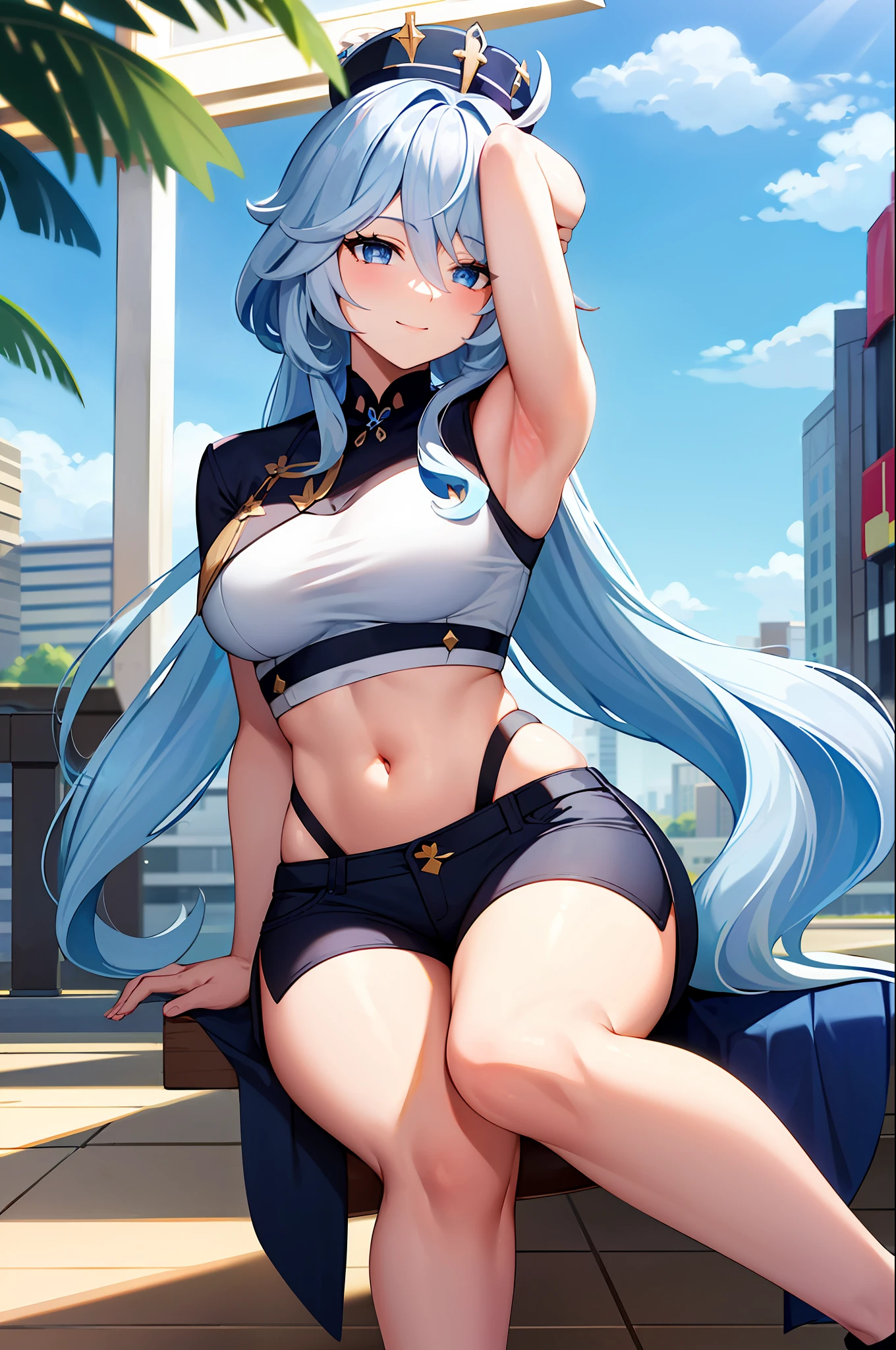 masterpiece, best quality, ultra-detailed), focalors \(genshin impact\), (blue sea hair), swept bangs, braid, braided bangs, blue eyes, blue eyes,
(wearing a t-shirt:1.2), sitting on a chair outside of caf, embracing the natural beauty, sunlight, beautiful cloudy sky, city, street, denim shorts, black stocking,
medium breasts, thick thighs, critical angle, cowboy shot, arm behind head, arm behind back, armpits, light smile, crop top, strong and seductive expressions