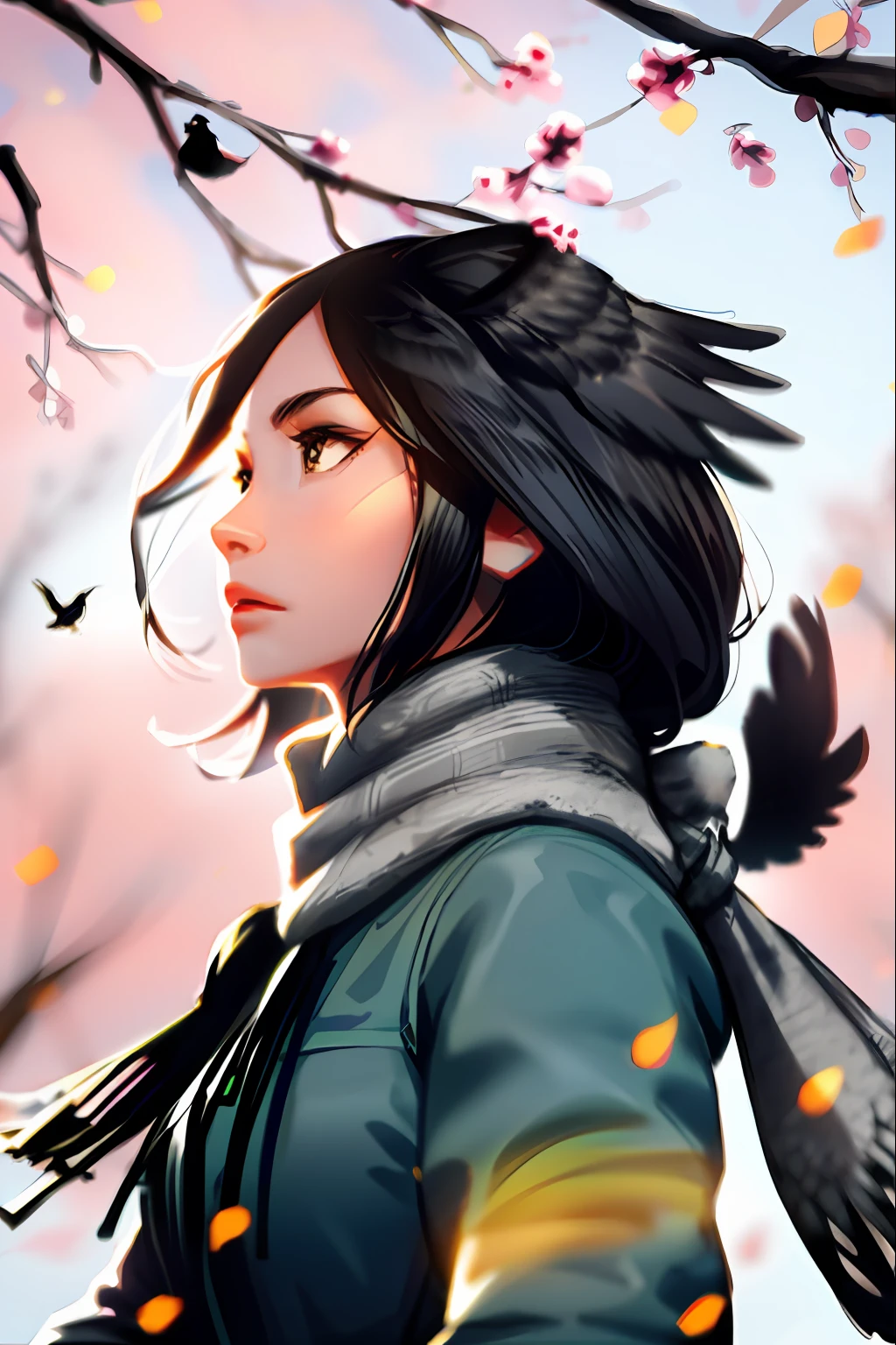 1girl, bird, black eyes, black hair, blurry, blurry background, phoenix flowers, tree, lips, long-tailed tit, looking up, long hair, profile, scarf, solo, tit (bird), ((masterpiece))