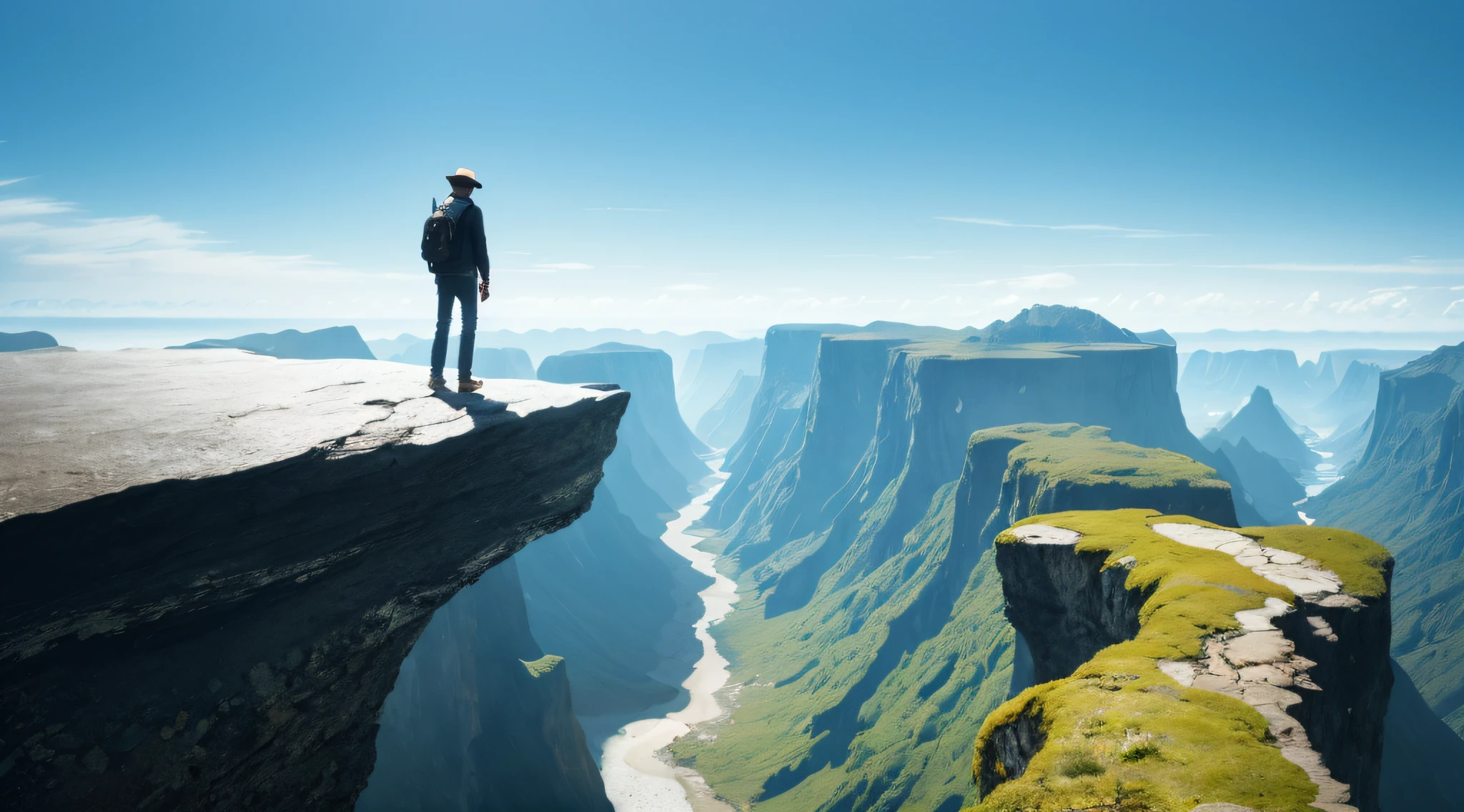 Une personne debout au bord d'un abîme, traversant une corde qui mène de l'autre côté de l'abîme, où un trésor brille de mille feux, super réaliste.