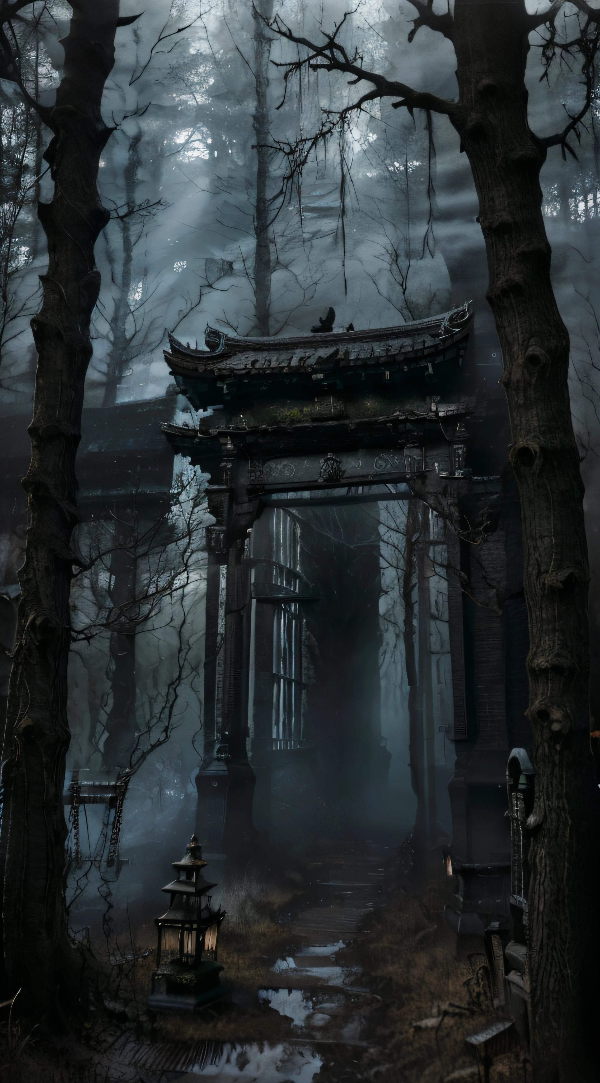 Sherlock Holmes, masterpiece, photographic quality, ultra-precise, torii gate, forbidden place in Japan, dark forest where evil spirits appear, deep in a dimly lit forest, forbidden place, cursed place, power spot, ancestral period temple, marsh, deep forest, pitch black forest, woods, moss, ivy, scary, horror movie, horror movie lighting, eerie light source, worship evil spirits,