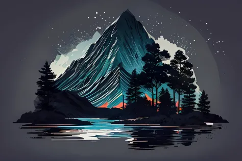 (dark background), landscape, paint, mountains, water, trees, t-shirt design, vector art, negative space