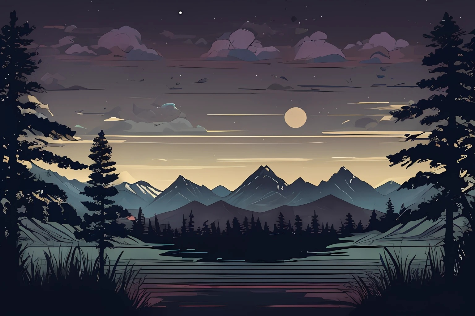 (dark background), landscape, paint, mountains, water, trees, t-shirt design, vector art, negative space