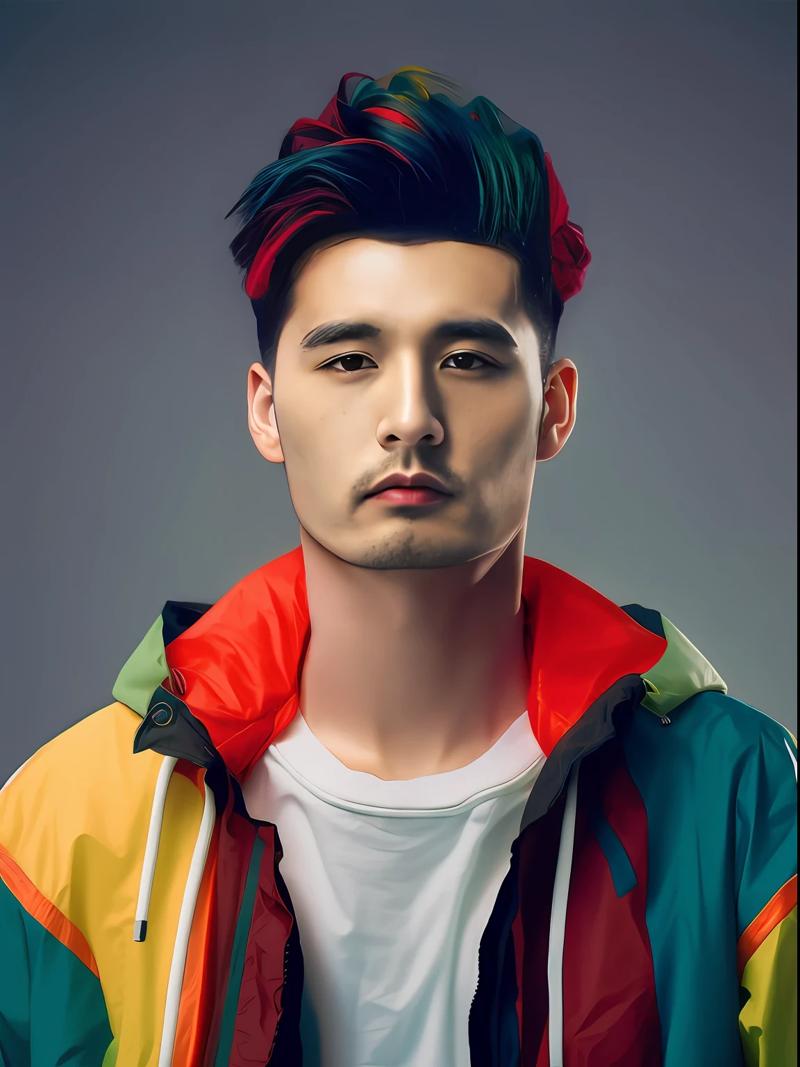 Man in colorful jacket looking at camera, Pick-dyed hair，Exaggerated zipper，Dark green and red jacket