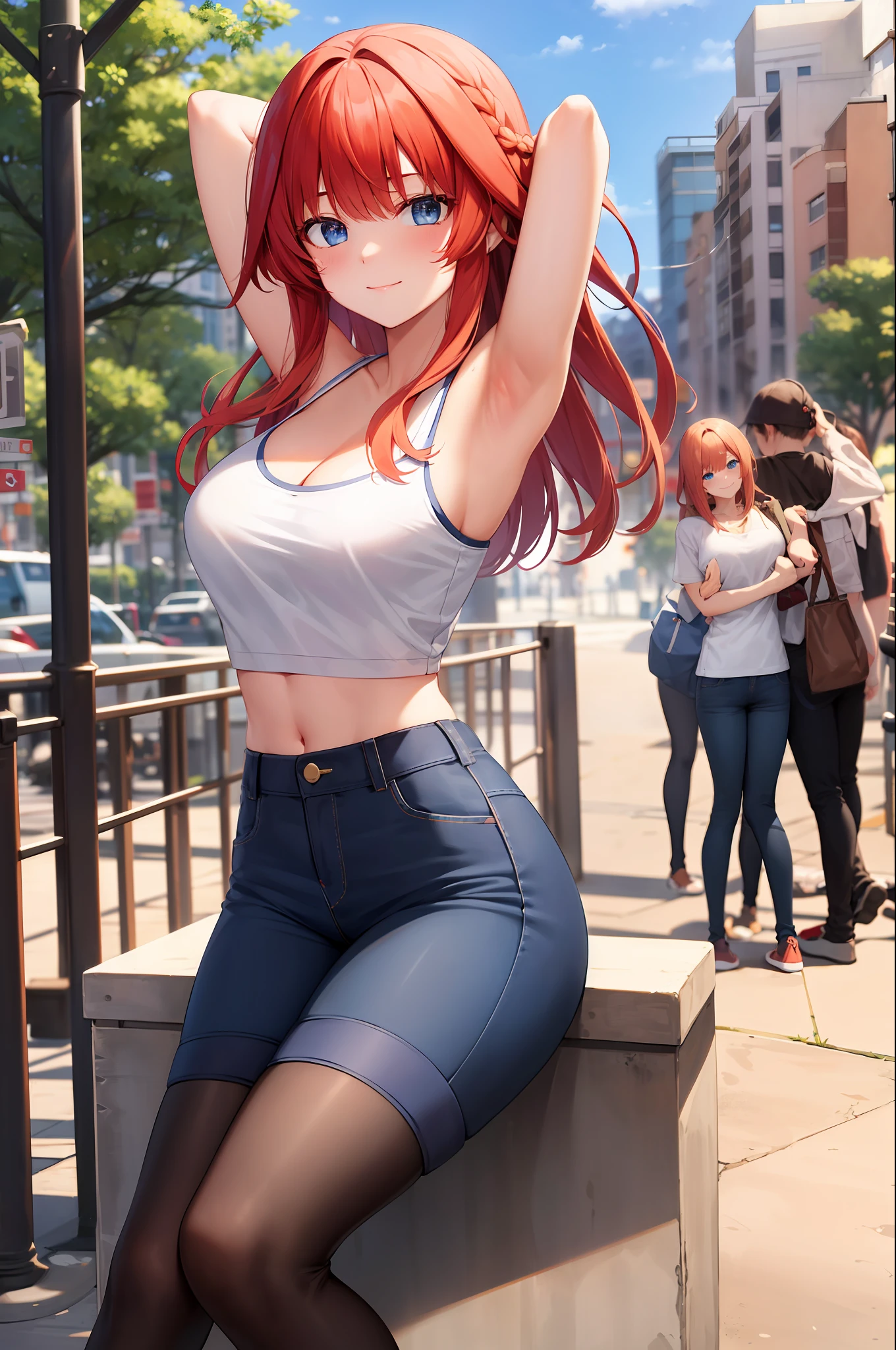 masterpiece, best quality, ultra-detailed), Nakano itsuki \(genshin impact\), (red hair), swept bangs, braid, braided bangs, blue eyes, blue eyes,
(wearing a t-shirt:1.2), sitting on a chair outside of caf, embracing the natural beauty, sunlight, beautiful cloudy sky, city, street, denim shorts, black stocking,
medium breasts, thick thighs, critical angle, cowboy shot, arm behind head, arm behind back, armpits, light smile, crop top, strong and seductive expressions