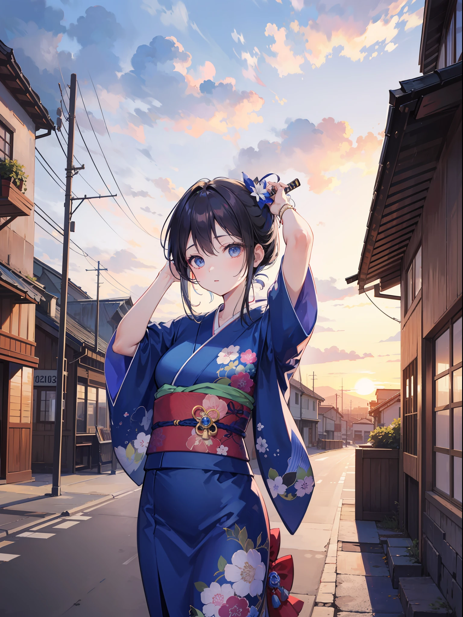 A beautiful but cute swordsman standing in a port town at sunset is making a gesture of looking up at the sky while pulling up her hair in her eyes with determination.、The clothes were decorated in a blue-based kimono to make it easy to move.