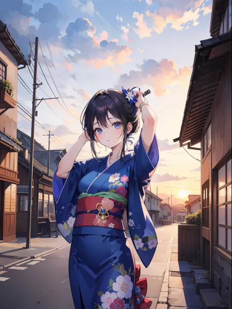 A beautiful but cute swordsman standing in a port town at sunset is making a gesture of looking up at the sky while pulling up her hair in her eyes with determination.、The clothes were decorated in a blue-based kimono to make it easy to move.