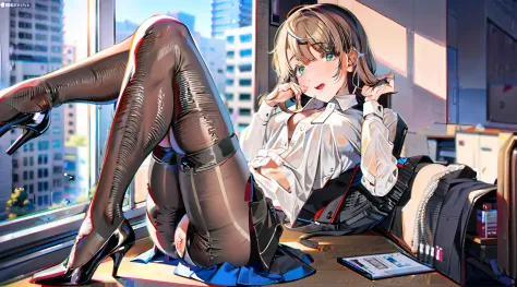 office uniform，black pantyhoses，Take off your skirt，White shirt，Black heels，Drunken，Disheveled clothes，Clothes half-dragged，The reveal panties，face flushed，sexy for，exhale，Loving pupils，drools，Dizzy，Play with the chest，Expose the genitals，Masturbation，nake...
