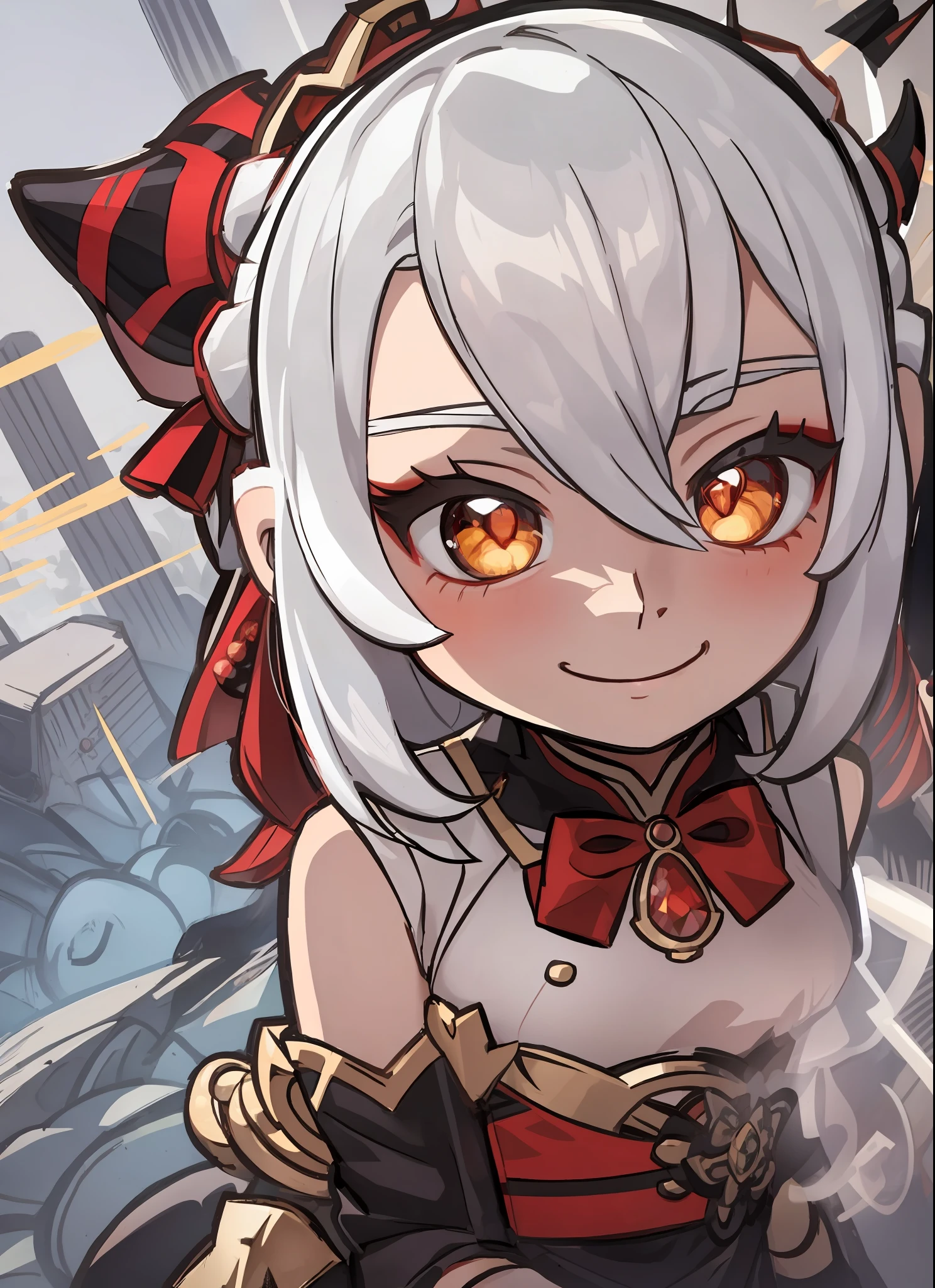 chibi, white hair, red pupils, love in eyes, jewelry, blushing, cute, smug, smile, rolling eyes, golden jewelry, dress, horn, long sleeves, trident