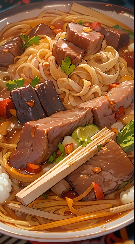 A close-up of a bowl of Chinese noodles with beef in it, in the style of colorful animation stills, sci-fi anime, dark red and d...